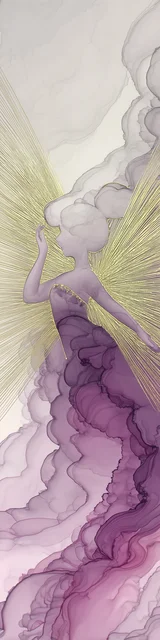 Free abstract angel art bookmark featuring gold wings abstract angel with a purple dress